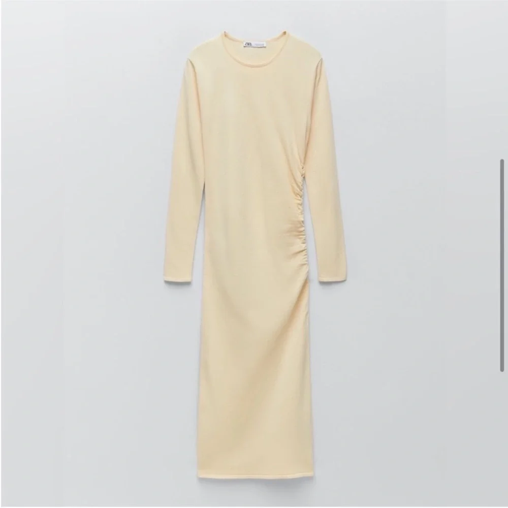 Zara Long-Sleeve Draped Knit Bodycon Minimalist Midi Dress, Beige Cream, Size‎ S - Picture 3 of 12